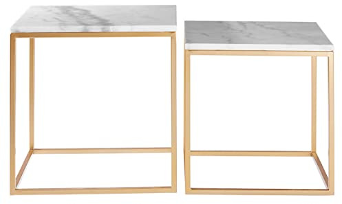 Premier Housewares Set of 2 Square Cuboid Side Tables, Lamp Tables, Warm Gold Finish, Sturdy Iron Cuboid Frame, Openframe Structure, Square White Marble Top, Dimensions are W50 x D50 x H46cm.