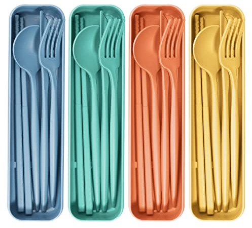 Besteck set, 4 Sätze Messer Löffel Gabel Stäbchen Besteck-Set mit Etui,tragbares Kunststoff-Besteck Camping-Utensilien-Set,für Reisen, Camping oder den täglichen Gebrauch,Spülmaschinenfest