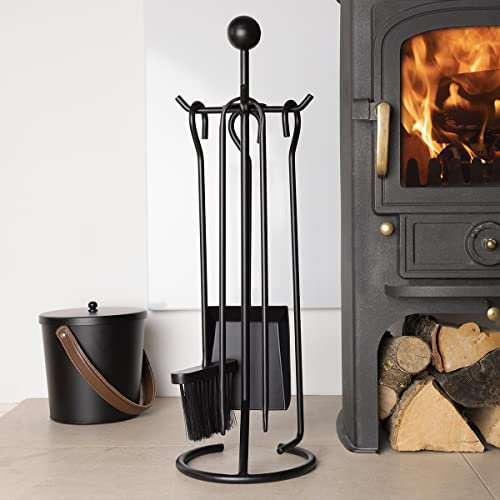 CHARLES BENTLEY Ensemble cheminée Snug Noir Mat, Pince, Pelle, Balai, tisonnier, Support Inclus, Design Classique, Finition Moderne, Outils de feu