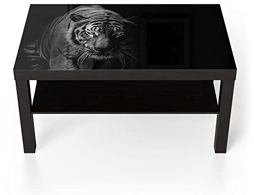 DEQORI Glastisch | schwarz groß 90x50 cm | Motiv Tiger auf der Pirsch | ausgefallener Beistelltisch aus Glas | Hochglanz Couchtisch fürs Wohnzimmer | moderner Couch Tisch mit Design