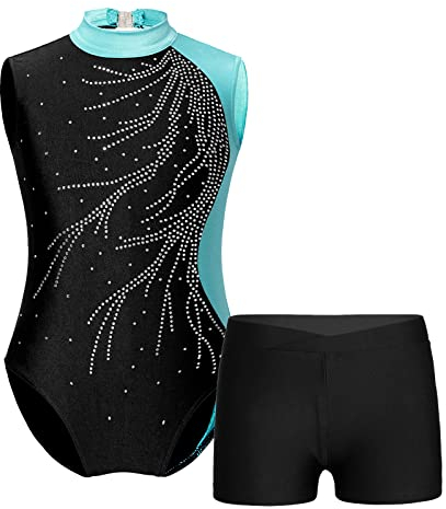 inlzdz Mädchen Gymnastik Ballettkleidung Ärmellos Turnbody Tanzbody mit Shorts Kurze Sporthose Tanzhose Turnanzug Gymnastikanzug Dancewear Grün 146-152