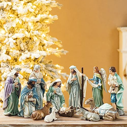 Glitzhome 12Pcs Nativity Figurines Sets for Christmas Indoor, Deluxe Blue Resin Christian Nativity Set Xmas Nativity Scene Tabletop Ornaments Miniatures Statue Nativity Figures Collectible 10 x 26