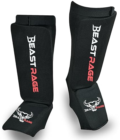 BEAST RAGE Parastinchi per Muay Thai, Kickboxing, MMA, Taekwondo, Boxe, Arti Marziali, Calzini Elasticizzati Imbottiti per la Protezione del Collo del Piede delle Gambe, Parastinchi, Allenamento