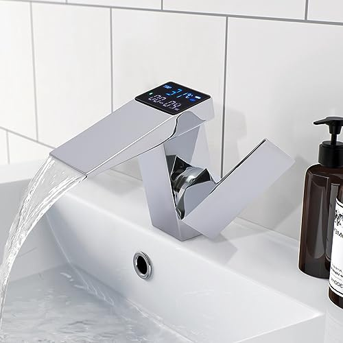 Elektrischer Wasserhahn, Küchenarmatur Wasserfall Wasserhahn mit LED Display, Wassertemperaturbereich 5-96℃, Waschtischarmatur Bad/Küche Einhand Spültischarmatur, Silber