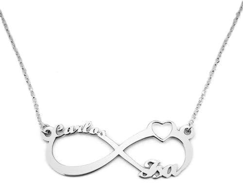 Collar Infinito Personalizado en Plata de Ley 925 con Corazón y Nombres personalizable para regalar con cadena Rolo de 40 cm + Alargador.