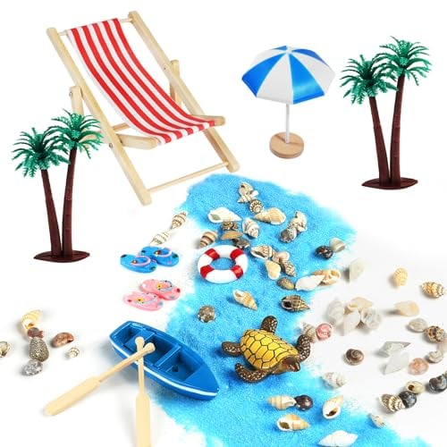 Aolso Strand-Mikrolandschaft, 12 Stück Miniatur Dekoration Mini-Stranddekorationen, Miniatur Dekoration, Miniliegestuhl, Sonnenschirm Kleine Palme Deko Accessoires, Puppenhausdekoration