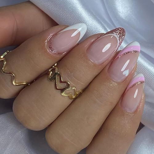 Ceboic Almond False Nails Medium, 24Pcs French Tip Press on Nails Nude Pink Gel Fake Nails with Love Glitter Design, Natural Glue on Nails Full Cover Acrylic Oval Stick on Nail for Women and Girls