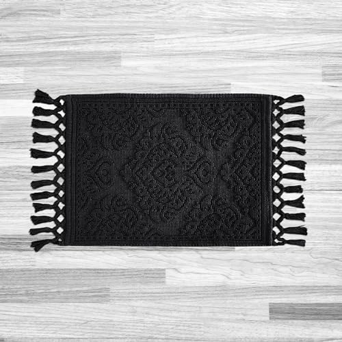 Jean Pierre Ricardo Badematte, gewebte Fransen, Badezimmerteppich, 100% Baumwolle, hochwertige Badezimmer-Dekoration, Maße: 43,2 x 78,7 cm, Schwarz