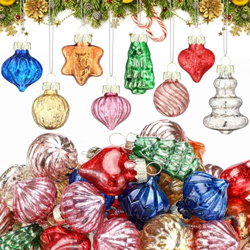 Capoda 32 Stück Vintage-Weihnachtsschmuck, 3,1 cm, Antikglas-Ornamente, Vintage-Weihnachtsdekoration, Mini-Retro-Baumkugeln, Dekoration für Weihnachten (niedliche Form)
