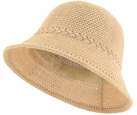 EINSKEY Women's Crochet Bucket Hat, Faux Straw Weaving Sun Hat Packable Mesh Woven Soft Lightweight Beach Hat for Spring Summer Fall Khaki