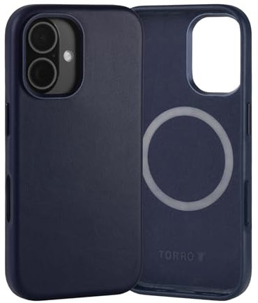 TORRO Hülle Leder Kompatibel mit iPhone 16 – Echt Leder Hülle MagSafe-kompatible Schlanke Bumper Hülle - Marineblau