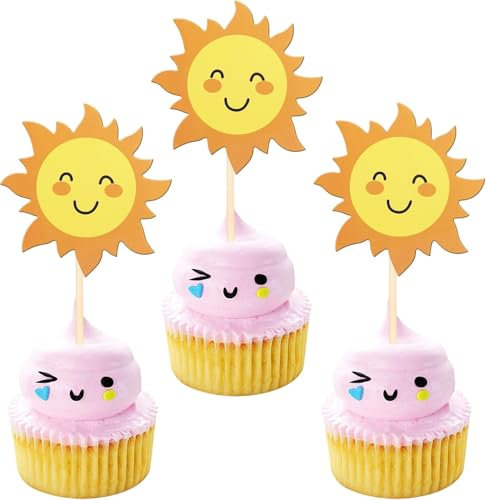 36 Stück Sonne Cupcake Toppers Doppelt Seite Sonne Blume Lächeln Gesicht Tortendeko SonneSchein Kuchen Deko für Sonne Thema Baby Dusche Kinder Geburtstag Party Kuchen Dekorationen