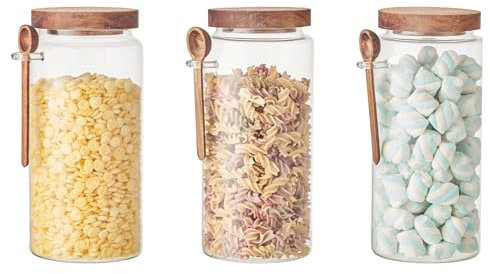 Eden & Willow Glass Kitchen Storage Jar with Acacia Lid and Wooden Spoon | Borosilicate Glass Food Canister with Spoon Holder | BPA-Free Mason Jar for Sugar, Spices, and Dry Foods (3, 1.2L)