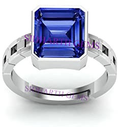 DENMOUS Ring mit blauem Saphir, versilbert, 7,25 Ratti, 6,00 Karat, unbeheizt und unbehandelt, Neelam, natürlicher Ceylon-Edelstein, für Damen und Herren - AMZ1851, Small, Sterling Silber