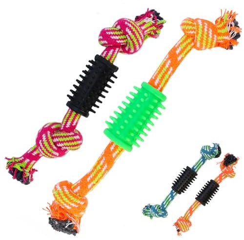 Navoys Pack of 2 Knotted Dog Ropes - Chew Toys, Chew Rope with Rubber Spike Cylinder for Dog Teeth Cleaning, Multi-Functional