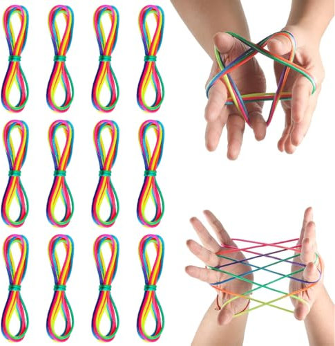 12 Piezas Cuerdas de Arco Iris,Cuerda Juego,Cuerda De Dedos Para Niños,Juegos De Habilidad, El Cordon Arcoiris,Cuerda De Cuerda Arcoíris,Uego de Hilos para Niñas y Niños,Longitud 165cm