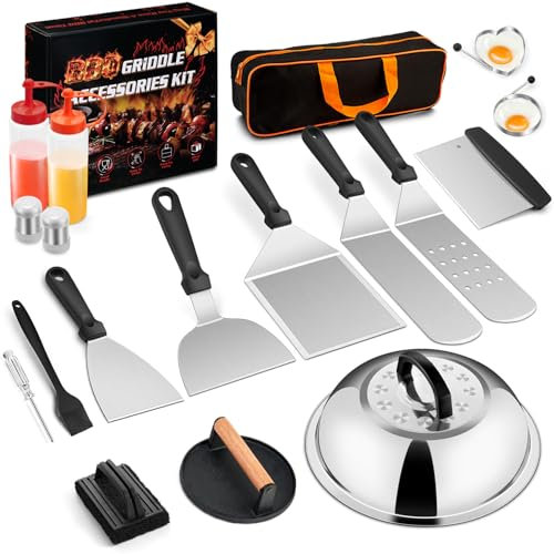 18-teiliges Grill-Zubehör-Set (mit Grillabdeckung), Joyfair Edelstahl-Grillspatel-Zubehör-Set mit schmelzender Kuppel-Burgerpresse, für Outdoor-Grillen, Teppanyaki, Hibachi-Kochen