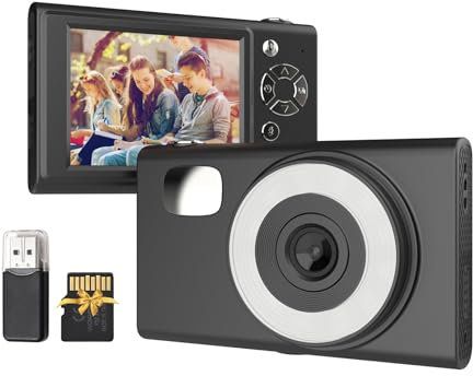 Camnoon Cámara de video digital 1080P de 48 MP, pantalla IPS de 2.8 pulgadas, enfoque automático, zoom de 16X, batería de luz de relleno LED integrada con tarjeta TF de 32 GB, lector de tarjetas USB
