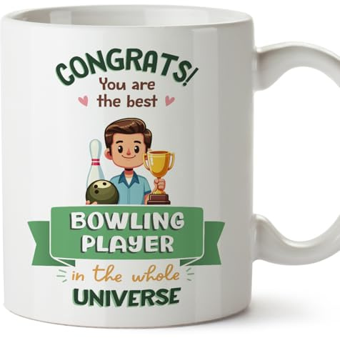 MUGFFINS Bowling Player Man Mug - in English - Best in Universe Trophy - Funny Gift for Colleagues - Ceramic 11oz Mug
