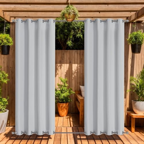 LiveGo Outdoor Curtains Waterproof with Grommet (Top and Bottom), 2 Panels Privacy & UV Protection Windproof Curtain for Porch, Pergola, Garden, Backyard (Gray-white, 140 * 244cm)