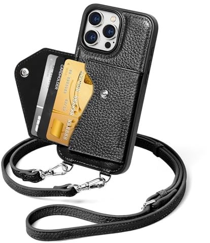 LUCKYCOIN for iPhone 16 Pro Max Leather Case with Neck Strap,Crossbody Wallet Case with Adjustable Wrist Strap for Women,Crossbody Lanyard Case,Stylish Pebbled Genuine Leather Phone Purse Cover Black