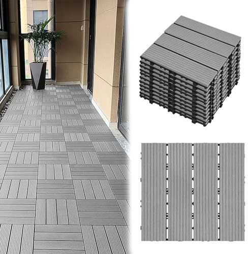 LZQ WPC Klickfliesen Terrasse Holzoptik 11 Stück 30x30 cm Hellgrau | Langlebiger WPC-Bodenbelag mit natürlicher Holzoptik, einfachem Klicksystem und Drainage für Balkon, Terrasse und Garten