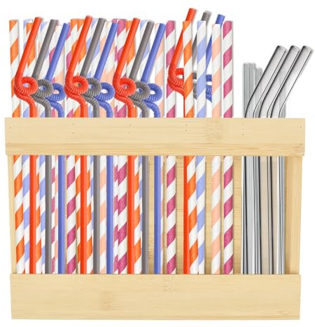 Wooden Straw Holder with Five Compartment, Reusable Straw Organizer, Straws Storage Rack for Kitchen Restaurant Counters