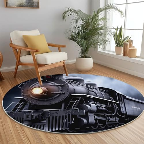 Teppich Rund 60 cm Retro-Zug Und Eisenbahnschienen Schwarz – Rutschfester Kurzflor Teppich Für Wohnzimmer Schlafzimmer Kinderzimmer Büro Spielzimmer Waschbar Modern Dekorativ Weich
