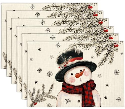 Sungeek Weihnachten Tischsets Abwaschbar 6er Set, Polyester Leinen Platzsets 30x45cm, Weihnachten Tischuntersetzer Platzdeckchen Weihnachtstischdeko für Küche Hotel Speisetisch (Pine Schneemann)