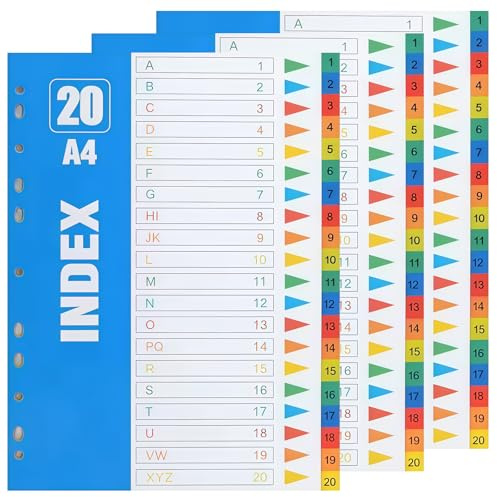 3er 20-Teilig Ordner Register A4 Plastik Bunt, Aktenordner Trennblätter, 1-20 Indexteiler, Extra Breit PVC Trenn-Blätter Mit Mehrfach Gelochten, Teilseite des Index Für Organisation, 225x297mm