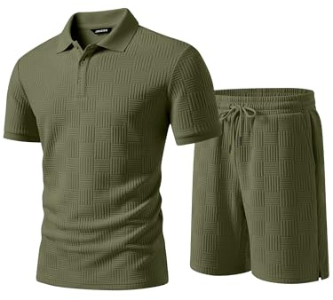 JMIERR Trainingsanzug Herren 2 Teiler Sommer Outfit Set | Casual Textured Jogginganzug,Atmungsaktiv,Poloshirt mit Shorts,Zweiteiler Herren Kurz,Streetwear Tracksuit Sets
