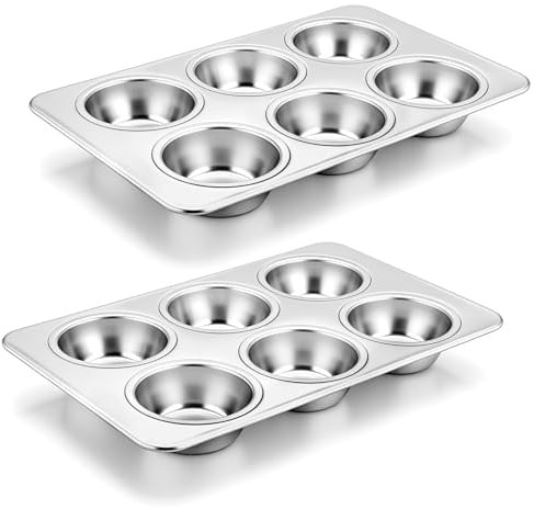 Onader 6 Cup Muffin Tin Set of 2, Stainless Steel Yorkshire Pudding Trays | Baking Pan Ideal for Cupcake, Muffin, Mince Pie, Brownie, Quiche, Healthy, Non-rust and Sturdy, Oven & Dishwasher Safe