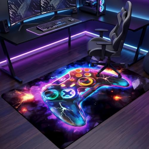 Leseogye Gaming Teppich Game Controller Design, rutschfest Kristall-Samt Gamer Fußmatte, Spielkonsolen-Teppich, Neon Farben, Coole Deko für Jungen Teenager Schlafzimmer Wohnzimmer 80x120cm (E)