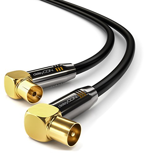 DeleyCON – Cable de antena de TV, 90° macho a 90° hembra, recto, color blanco y negro