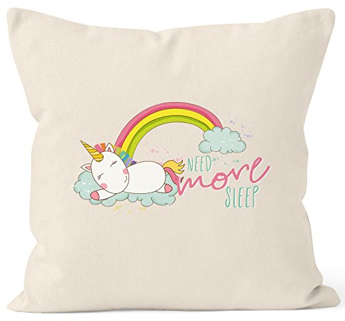 MoonWorks Kissenbezug schlafendes Einhorn auf Wolke Need More Sleep Sleeping Unicorn Spruch 40x40 Baumwolle Natur Pullover