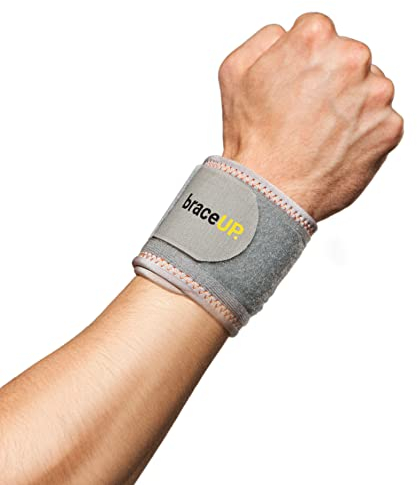BraceUP Banda de compresión para la muñeca y muñequera ajustable Muñequera, refuerzo para tendinitis, tenis, gimnasio, trabajo, talla única ajustable (Plateado)