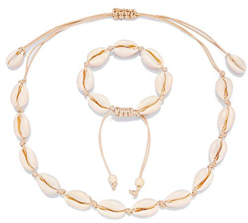 Starain 2Pcs Shell Necklace Anklet for Women Handmade Adjustable Puka Beach Shell Necklace Set
