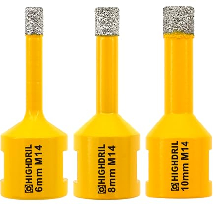 HIGHDRIL Broca de diamante - 3pcs 6/8/10mm con rosca M14 Taladrado en seco para azulejos de porcelana Cerámica Granito Mármol Piedra Mampostería Ladrillo para amoladoras angulares