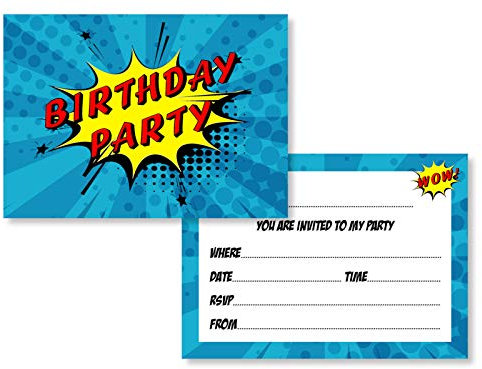 12 x Comic Superhero Style Birthday Party Invitations (Invitations Only)
