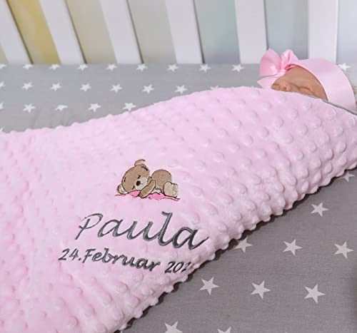 ★ Babydecke mit Namen und Motiv Bestickt ★ 75x100 cm ★ Baumwolle ★ Füllung ★personalisiert (Hellrosa - Sternen, 75 x 100 cm)
