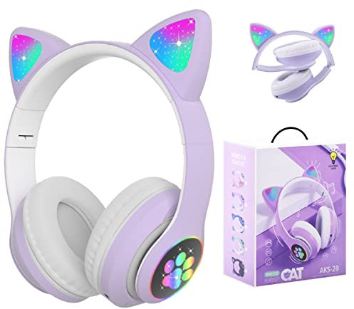 Megadream Wireless Headphones for Kids, Cat Ear Foldable Bluetooth Earphones Flashing LED Light Up Over Ear Headset with Microphone for iPhone/iPad/Tablet, for Girls Boys Gift Age 8+ (Purple)