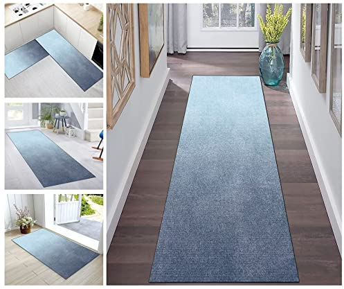 Korridor Teppich Flur Läufer Teppich rutschfest Farbverlauf Blau Korridor Küchenteppich Waschbar Meterware Teppichläufer Lang for Corridor Schlafzimmer Wohnzimmer Polyester Meterware Anpassbar