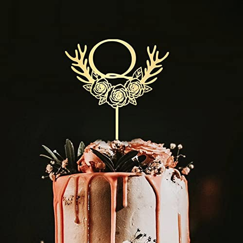 Rimego Buchstabe Q Cake Topper Initiale Kranz Kuchen Topper für Hochzeit Verlobte Jahrestag Brautdusche Party Dekoration (Gold)