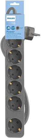 Philips CHP2164G Steckdosenleiste mit 6 Steckdosen, 1,5 m Kabel, Hauptschalter, automatischer Sicherheitsverschluss, LED-Anzeige für Stromversorgung - Grau