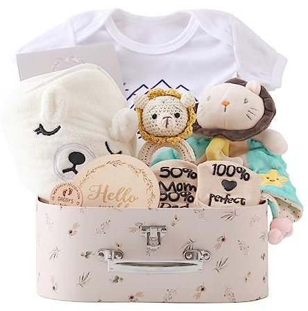 Promise Babe Baby Geschenk Set,Neugeborenen Geschenk zur Geburt Babyparty Badetuch Meilenstein Babydecke Strampler Socken Baby Holz Gehäkelt Greifling Rassel Spielzeug Foto Requisten (For Boy Girl)