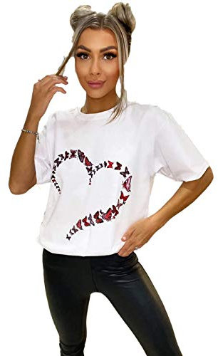 Women Ladies Oversized Butterfly Love Heart Print Short Sleeve T-Shirt Top Cotton Tee for Casual Wear Butterfly White 8-10