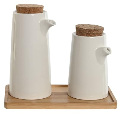 Juego de Aceitera, Vinagrera de Gres Blanco con Bandeja de Bambú para Mesa de tu Comedor, Jardín o Terraza.
