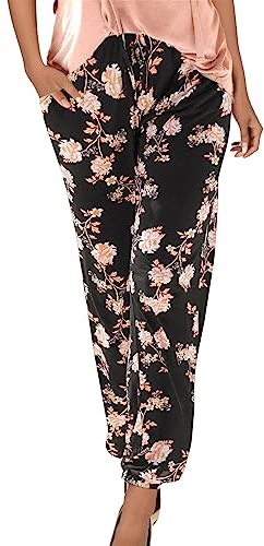 ZhungZaoh Sommerhose Damen Leicht Boho Strandhose Lange Haremshose Blumen Straight Bein Hose Damen Sommer Stoffhose Freizeithose Schlupfhose mit Taschen (03-Black, L)