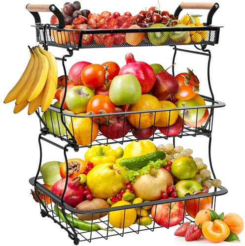 Cisivis Obst Etagere Obstkörbe, 3-stöckiger abnehmbarer Obstkorb mit 2 Bananenhaken，Obstregal für Brot, Gemüse, Snacks, Aufbewahrung für Küche - Schwarz
