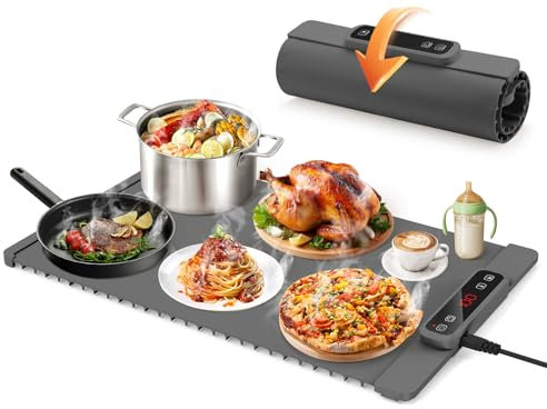 Food Warmer Buffet Server, Foldable Hot Plates for Keeping Food Warm, Plate Warmer Mat Electric Warming Tray with 4 Hours Timers, 5 Temperature Settings, Waterproof Food Warmers for The Table, Grey